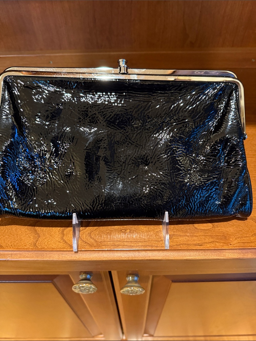 HOBO Black Patent Clutch with Silver Frame